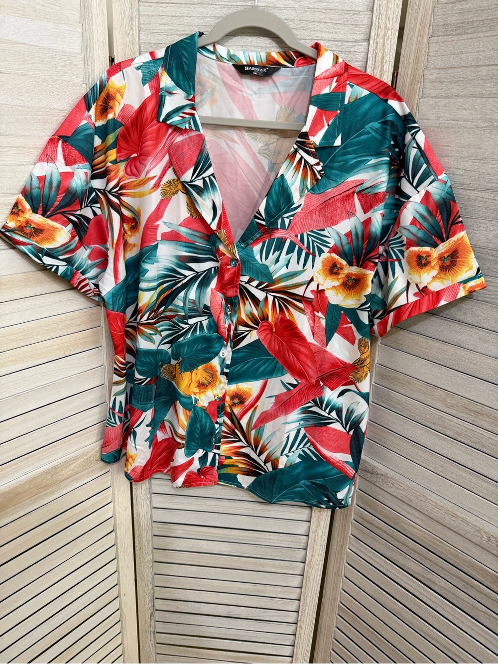 Allegra K Tropical Floral Button-Down Shirt - Teal, Coral & Yellow
